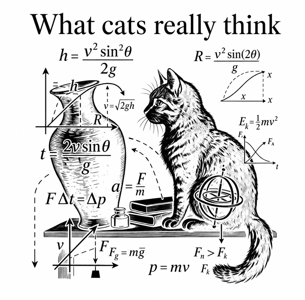 A cat surrounded by physics formulas and diagrams