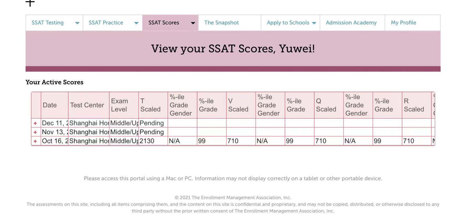 YuWei's SSAT Middle Level score report showing a 2130 total score